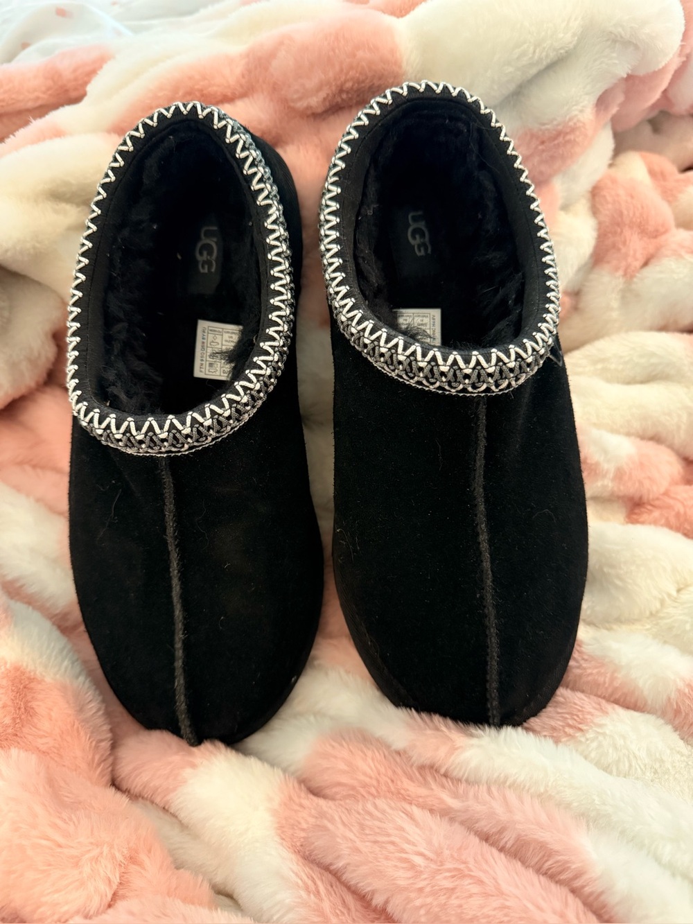 UGG Tasman Black Suede Sheepskin-Lined Slip-Ons with Contrast Trim